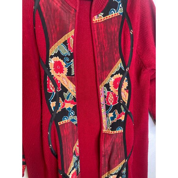KOOS of Course! Red Open Cardigan Applique Sweater Silk Wool Sz 1X Asian Kimono - Picture 2 of 11